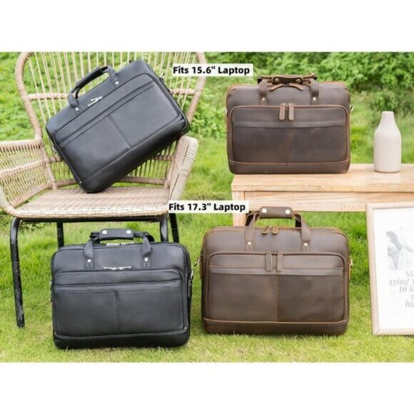 ⚡Men Deep Brown Fits 15.6 Inch Laptop Crossbody Bag Attached Leather Briefcase - Picture 7 of 9